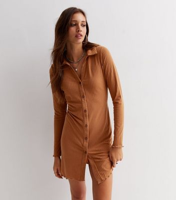 Dark Brown Ribbed Jersey Long Sleeve Frill Mini Shirt Dress