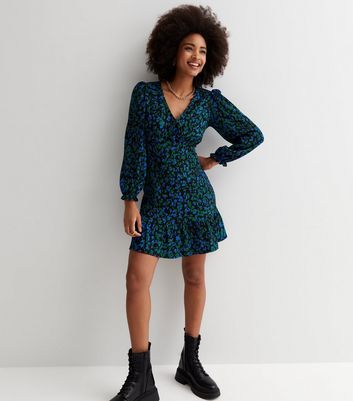 Black Animal Print Crinkle V Neck Long Sleeve Mini Dress