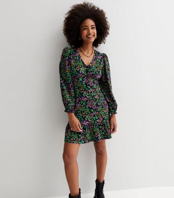 Black Ditsy Floral Crinkle Long Puff Sleeve Mini Dress