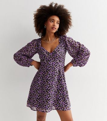 Black Rose Chiffon Long Puff Sleeve Milkmaid Mini Dress | New Look