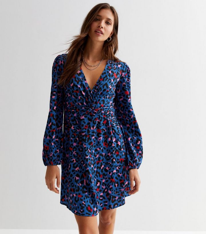 Blue Animal Print V Neck Long Sleeve Mini Dress | New Look