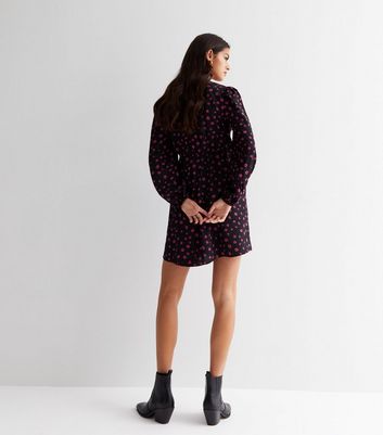 Black V Neck Lips Print Long Sleeve Mini Dress