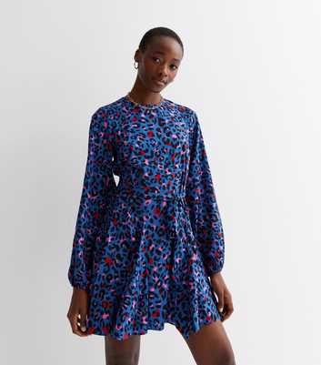 Tall Blue Leopard Print Crepe Long Puff Sleeve Belted Mini Dress