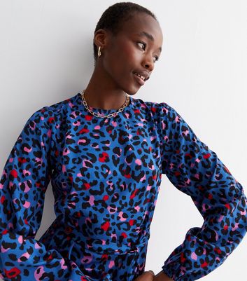 Tall Blue Leopard Print Crepe Long Puff Sleeve Belted Mini Dress New Look