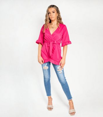 JUSTYOUROUTFIT Bright Pink Frill Sleeve Wrap Top