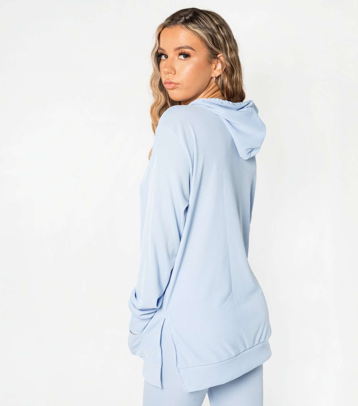 JUSTYOUROUTFIT Pale Blue Ribbed Split Hoodie and Flared Trousers Set Image 3