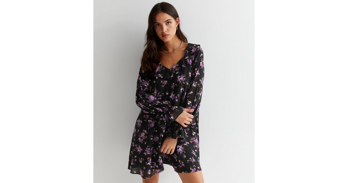 CurveWow Vneck Frill Sleeve Smock Dress Ivory Floral main image 0