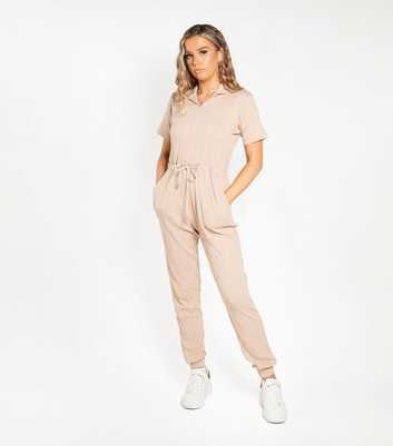 JUSTYOUROUTFIT Stone Ribbed Collared Drawstring Jumpsuit