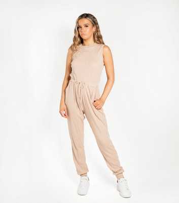 JUSTYOUROUTFIT Stone Ribbed Sleeveless Drawstring Jumpsuit