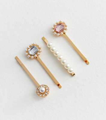 4 Pack Gold Faux Pearl and Gem Hair Slides