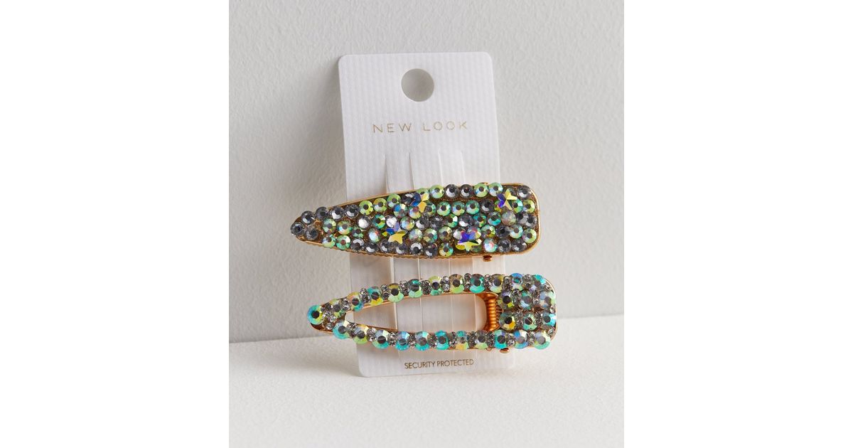 2 Pack Large Iridescent Gem Snap Hair Clips | New Look