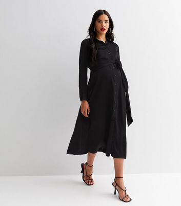 Maternity Black Satin Long Sleeve Belted Midi Shirt Dress New Look