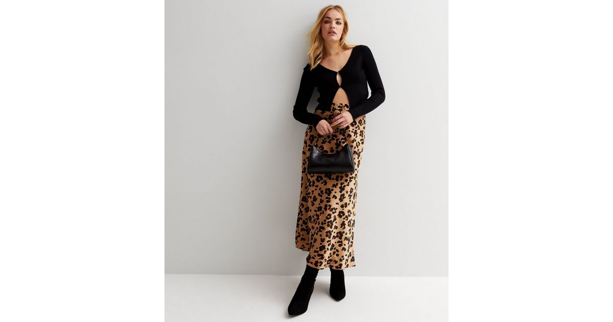 Classic Brown Leopard Satin Midi Skirt with Lace Trim