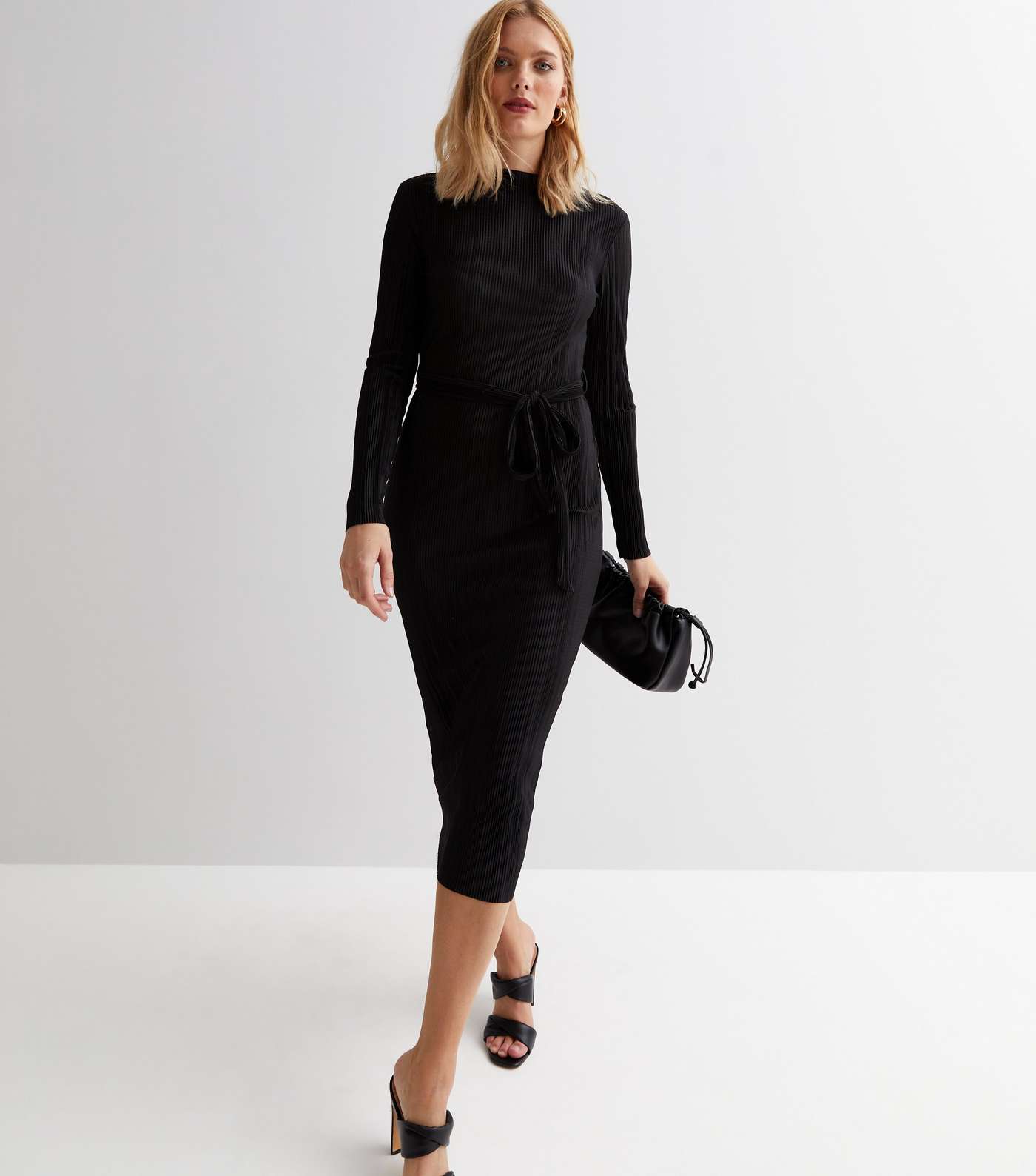 Black Plissé Long Sleeve Belted Midi Dress