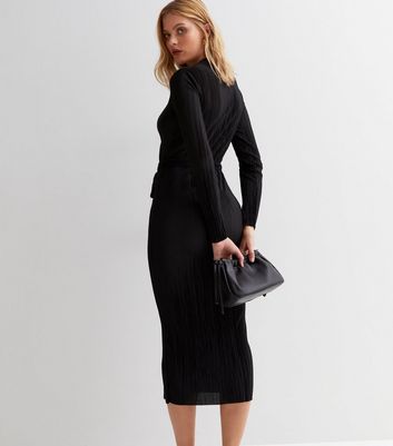 Black Wrap Top Belted Short Sleeve Plisse Midi Dress - 10 - SilkFred