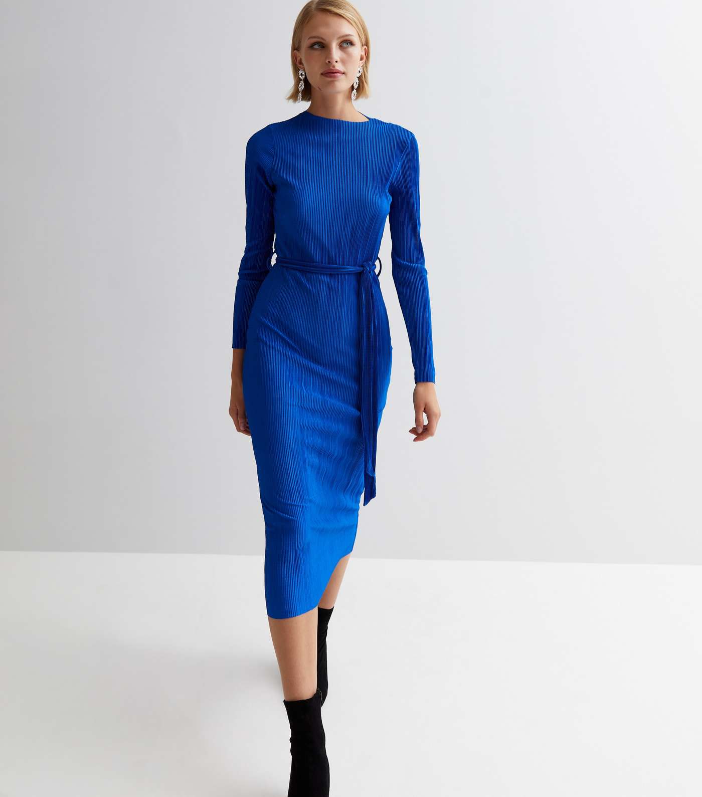 Bright Blue Plissé Long Sleeve Belted Midi Dress