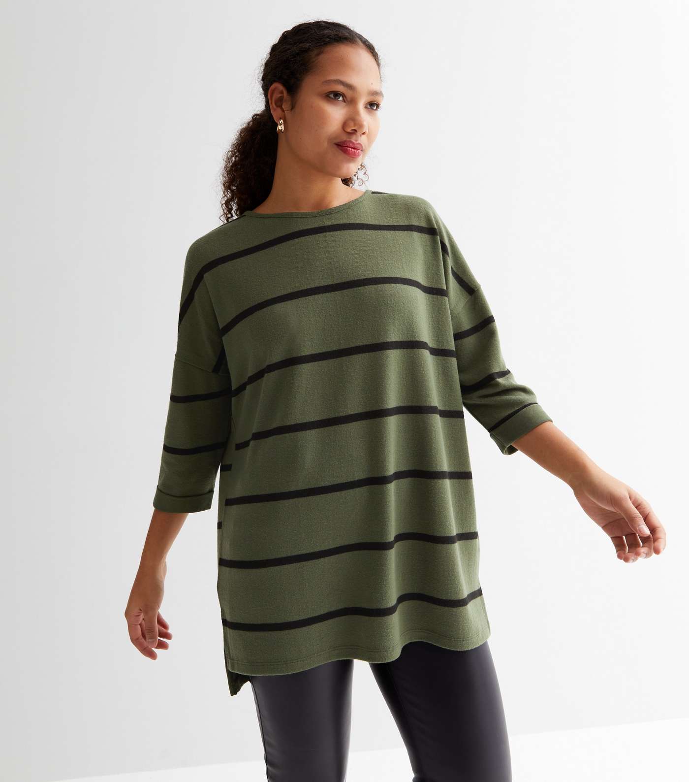 Green Stripe Fine Knit 3/4 Sleeve Top