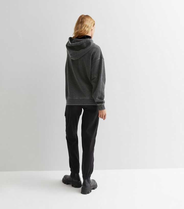 Dark Grey Acid Wash Pocket Front Hoodie | New Look