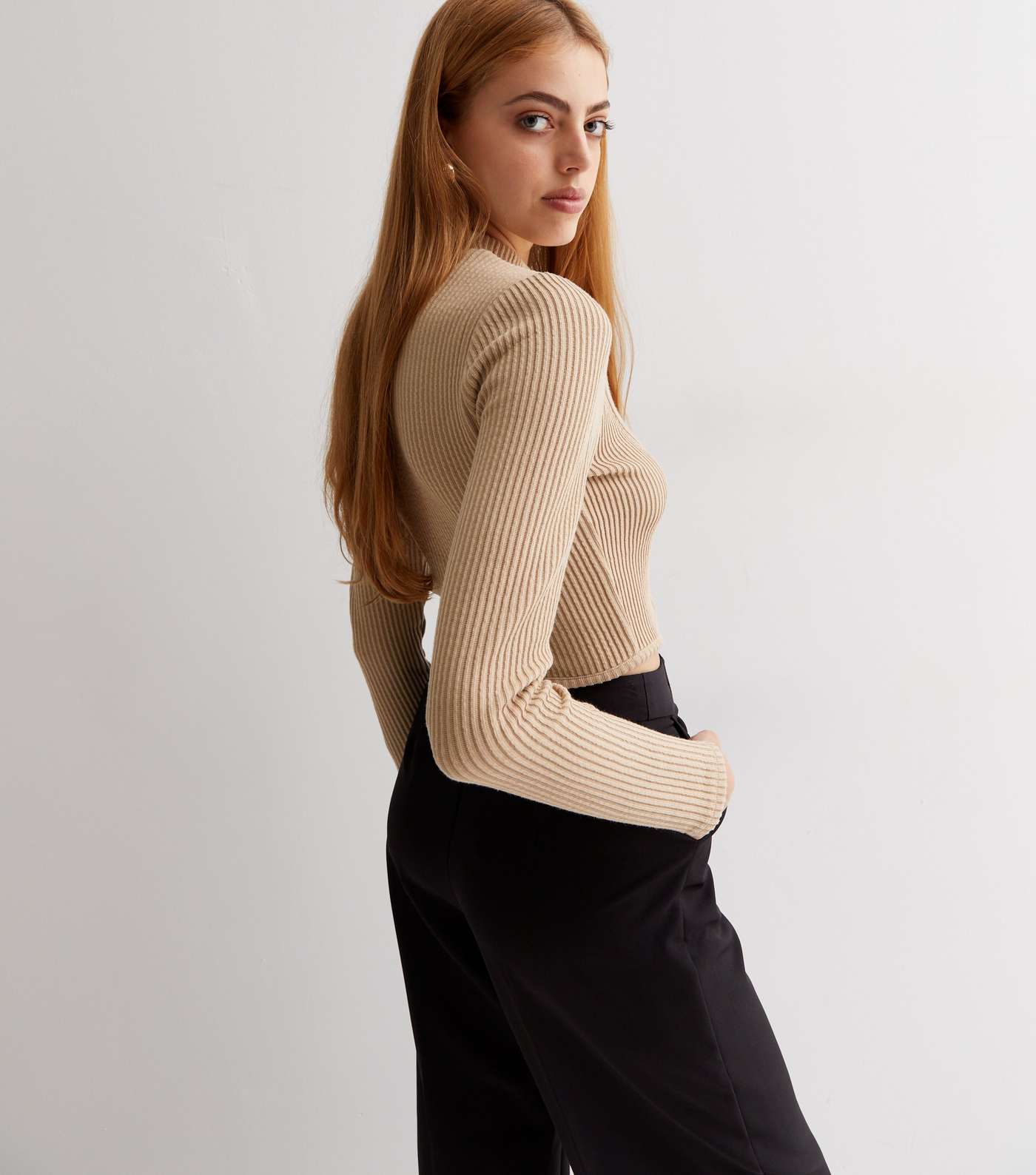 Camel Ribbed Fine Knit Corset Seam Top Image 4