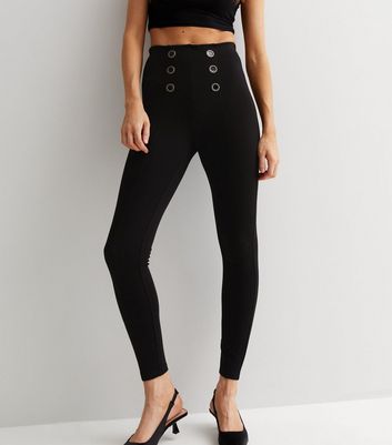 Cheryl Faux Leather Button Leggings in Black | ikrush