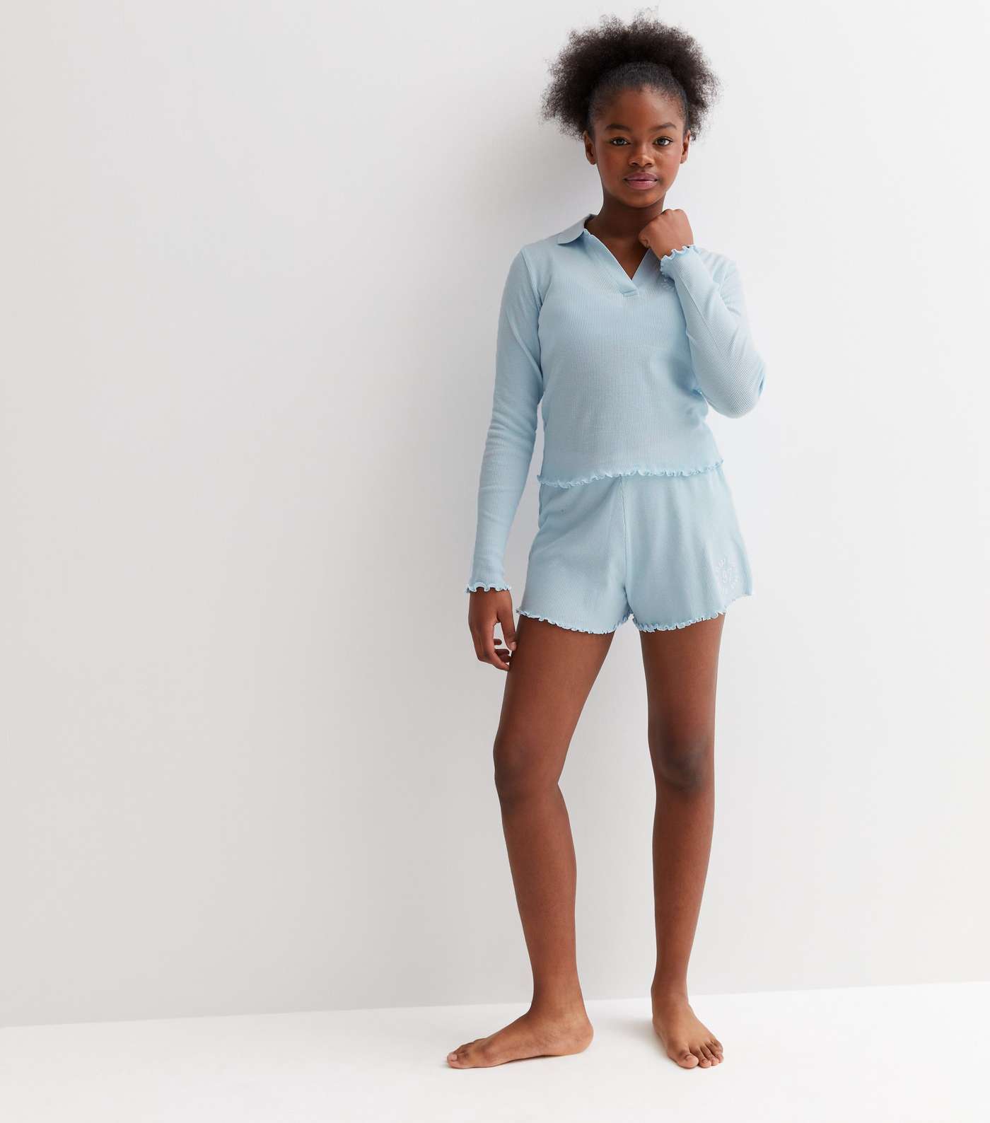 Girls Blue Ribbed Jersey Collared Top and Shorts Lounge Set Image 2