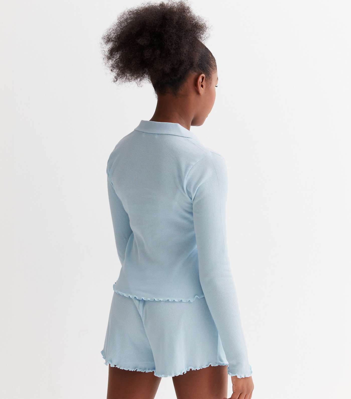 Girls Blue Ribbed Jersey Collared Top and Shorts Lounge Set Image 4