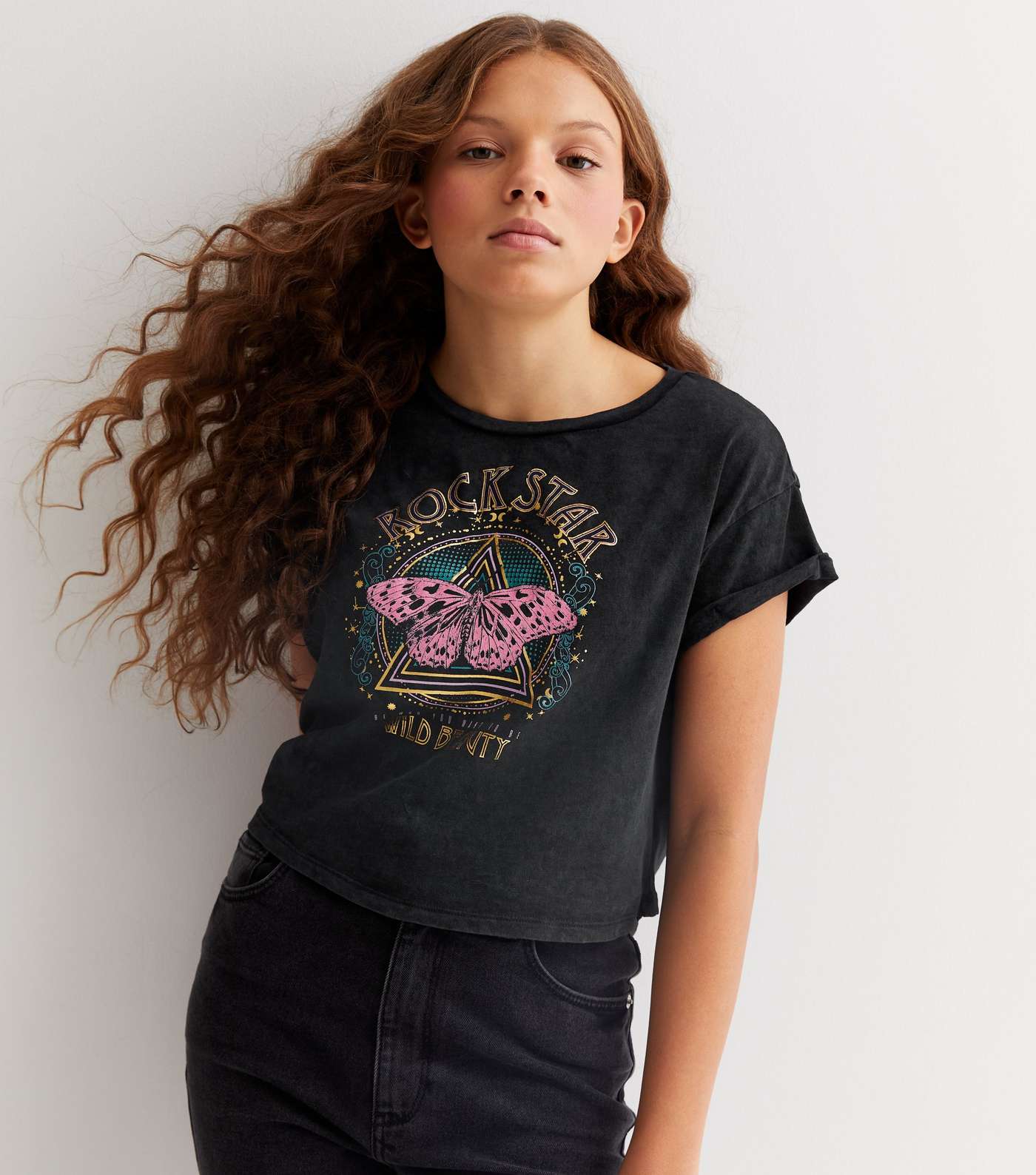 Girls Dark Grey Butterfly Rockstar Logo T-Shirt Image 2