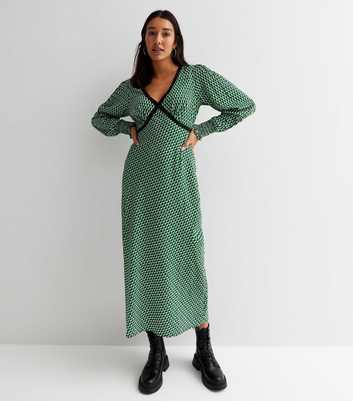 Tall Green Geometric V Neck Long Sleeve Lace Trim Midi Dress