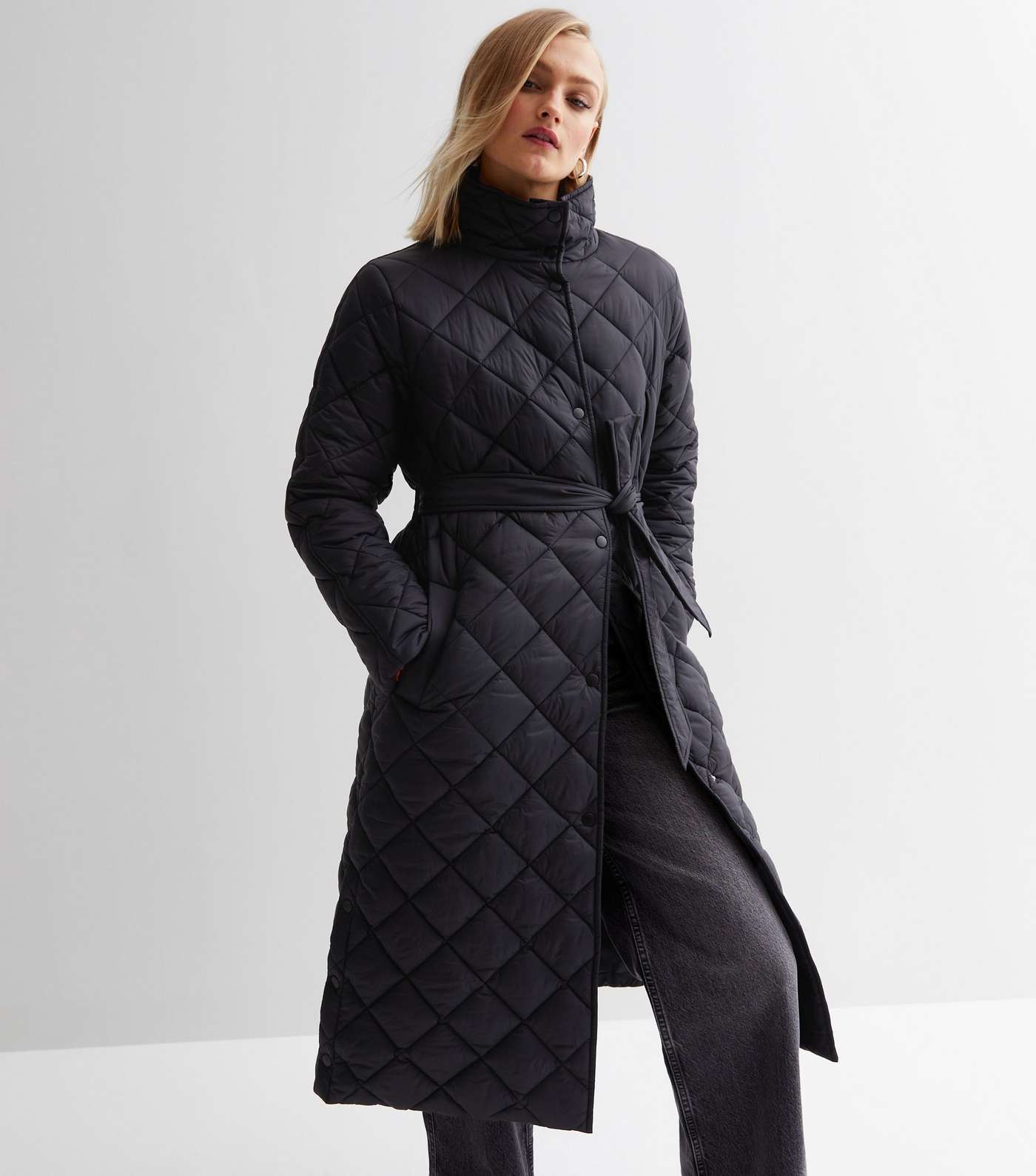 Black Quilted Belted Long Puffer Coat Image 2