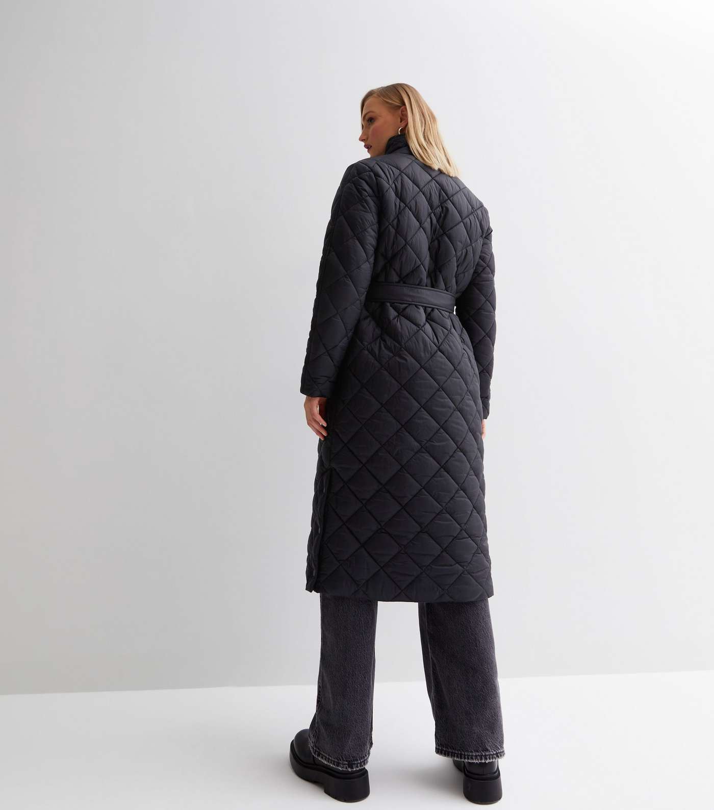 Black Quilted Belted Long Puffer Coat Image 4