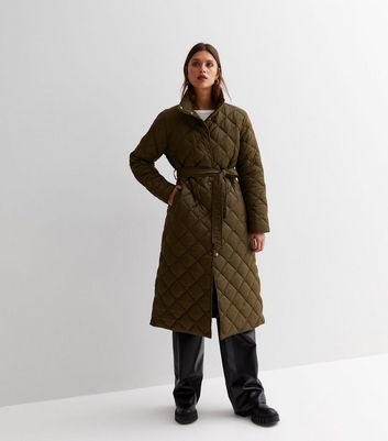 Khaki Quilted Belted Long Puffer Coat | New Look