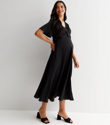 Maternity Black Satin Twist Front Short Sleeve Midi Dress New Look