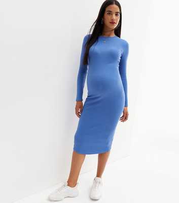 Maternity Bright Blue Ribbed Long Sleeve Bodycon Midi Dress