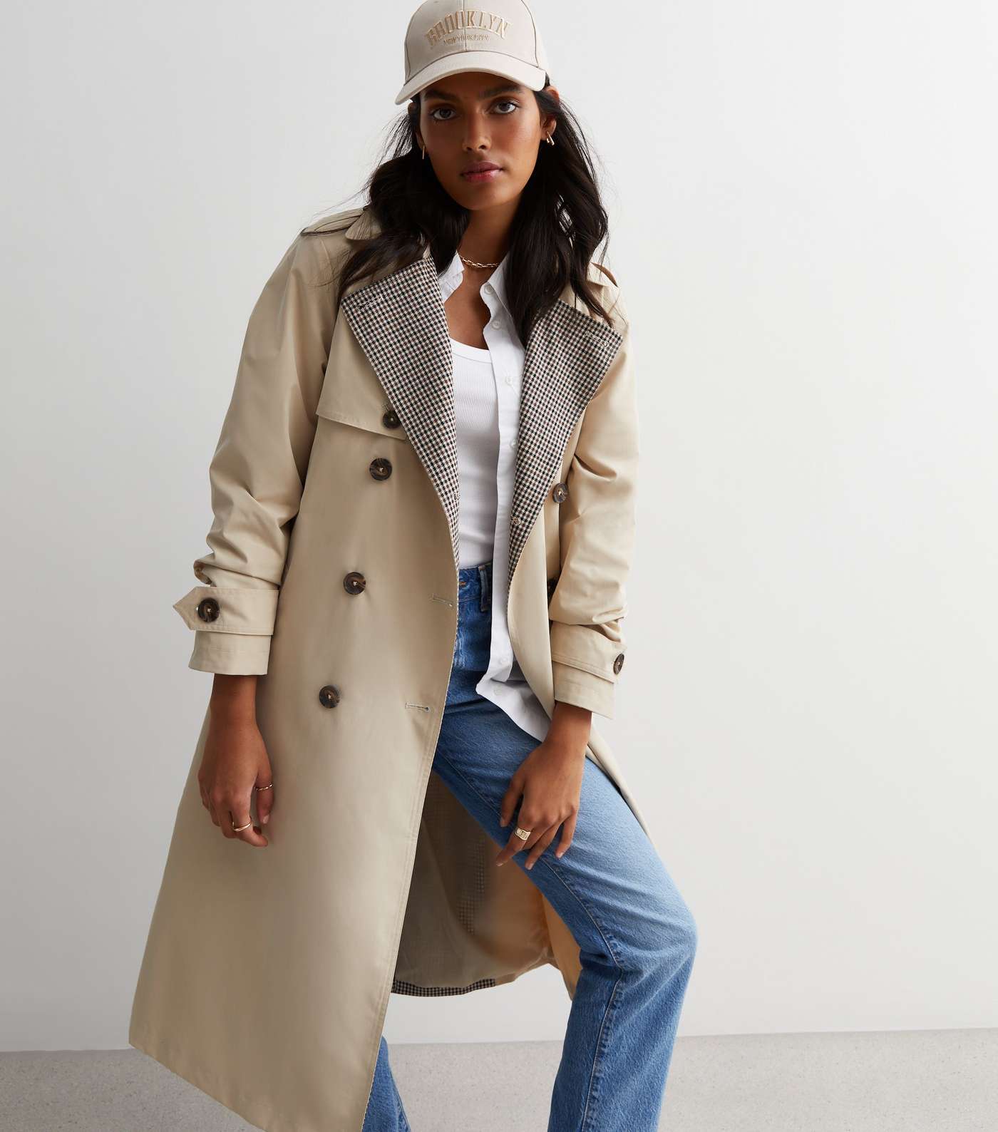 Stone Check Collared Belted Trench Coat Image 3