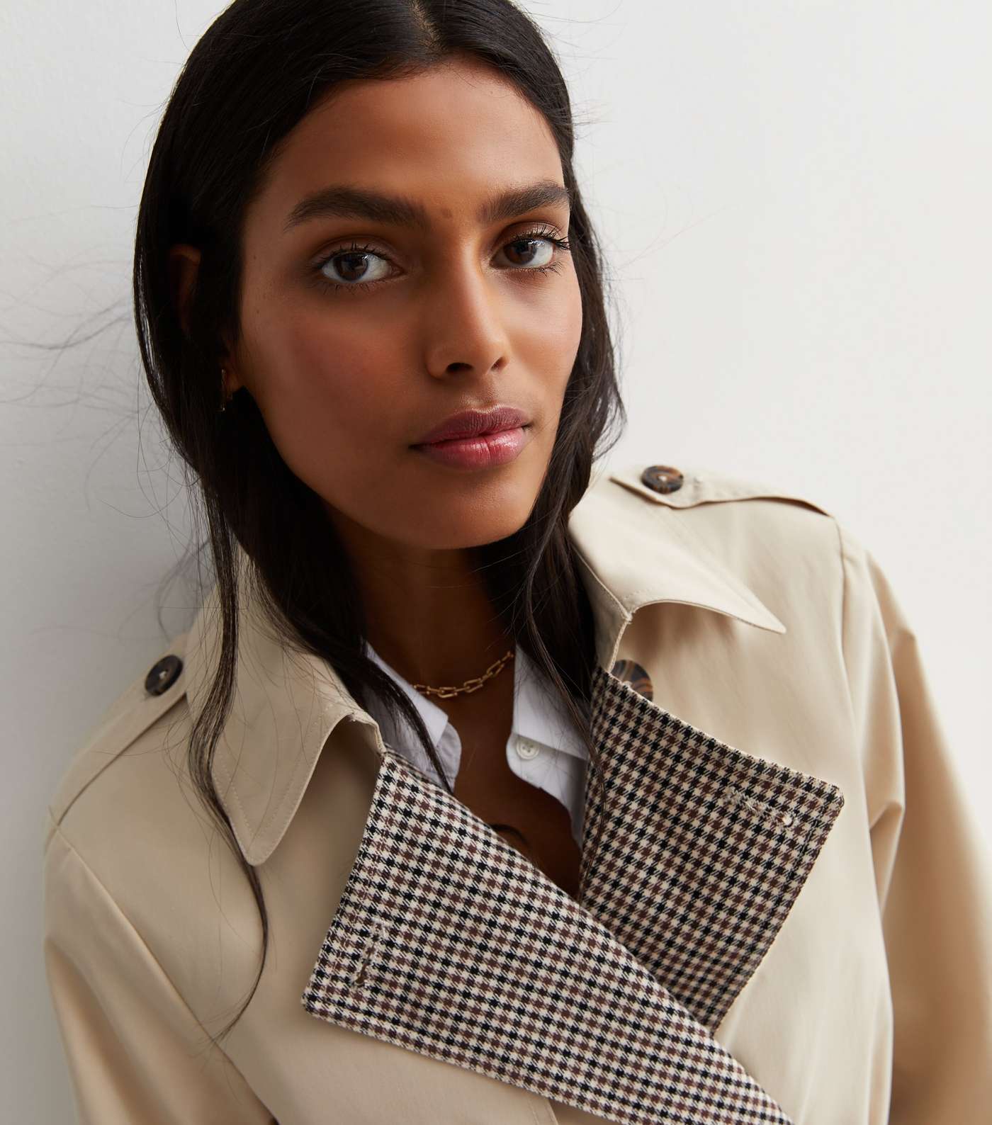 Stone Check Collared Belted Trench Coat Image 5