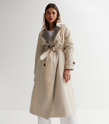 Camel Check Revere Collar Belted Trench Coat