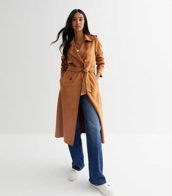 Camel Suedette Collared Belted Mac