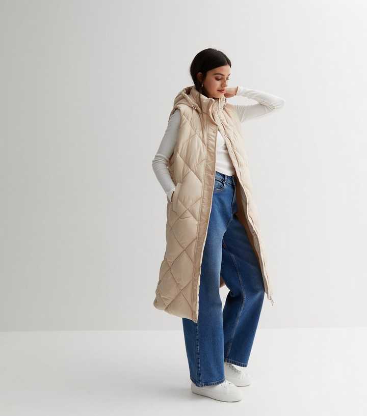 Cream Diamond Quilted Long Hooded Puffer Gilet