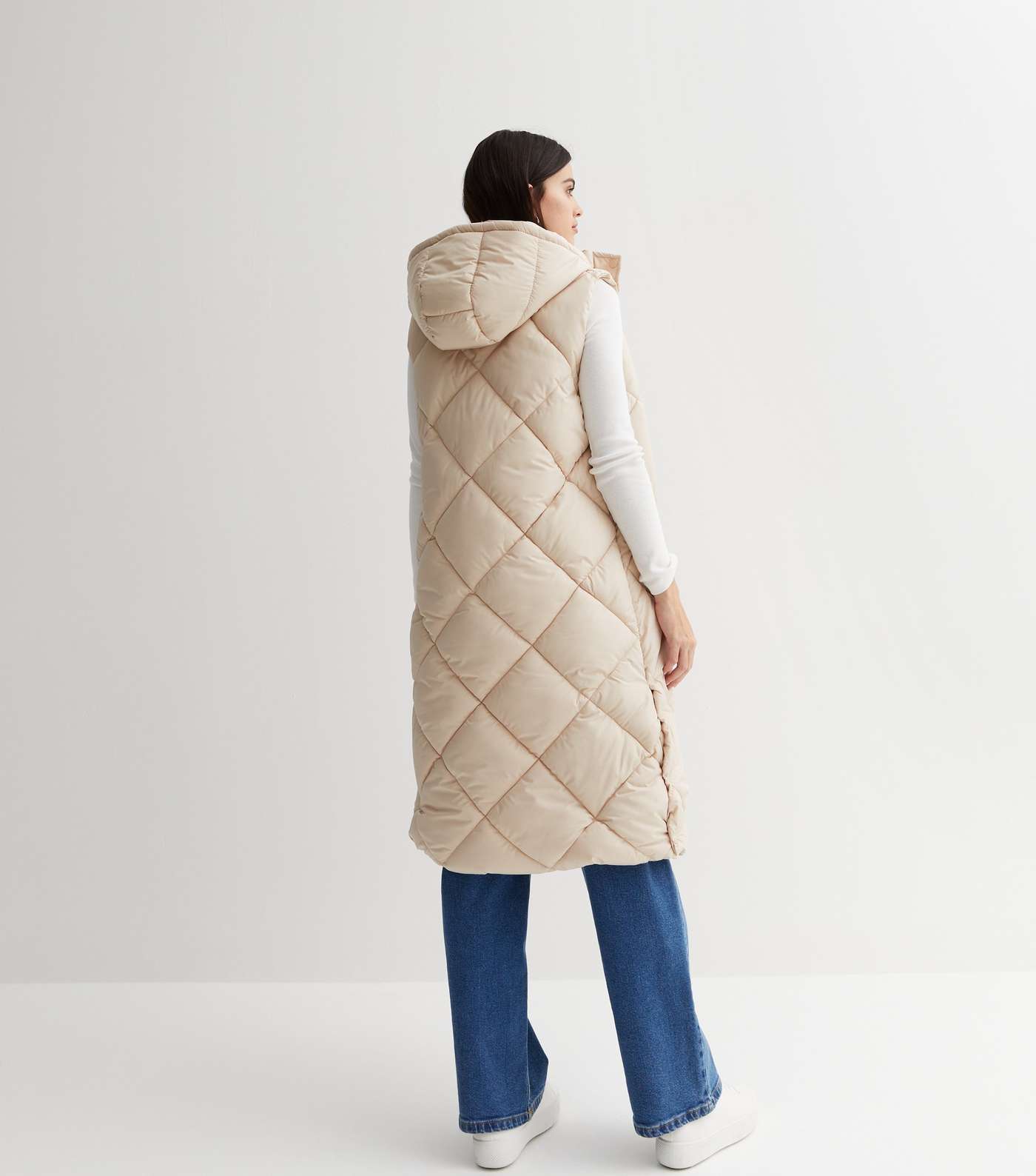Cream Diamond Quilted Long Hooded Puffer Gilet Image 4