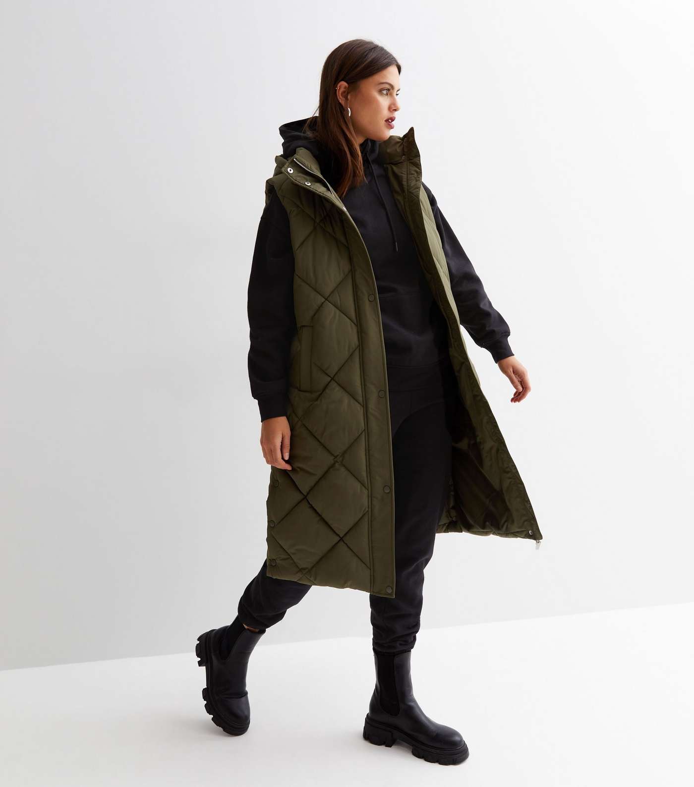 Khaki Diamond Quilted Long Hooded Puffer Gilet