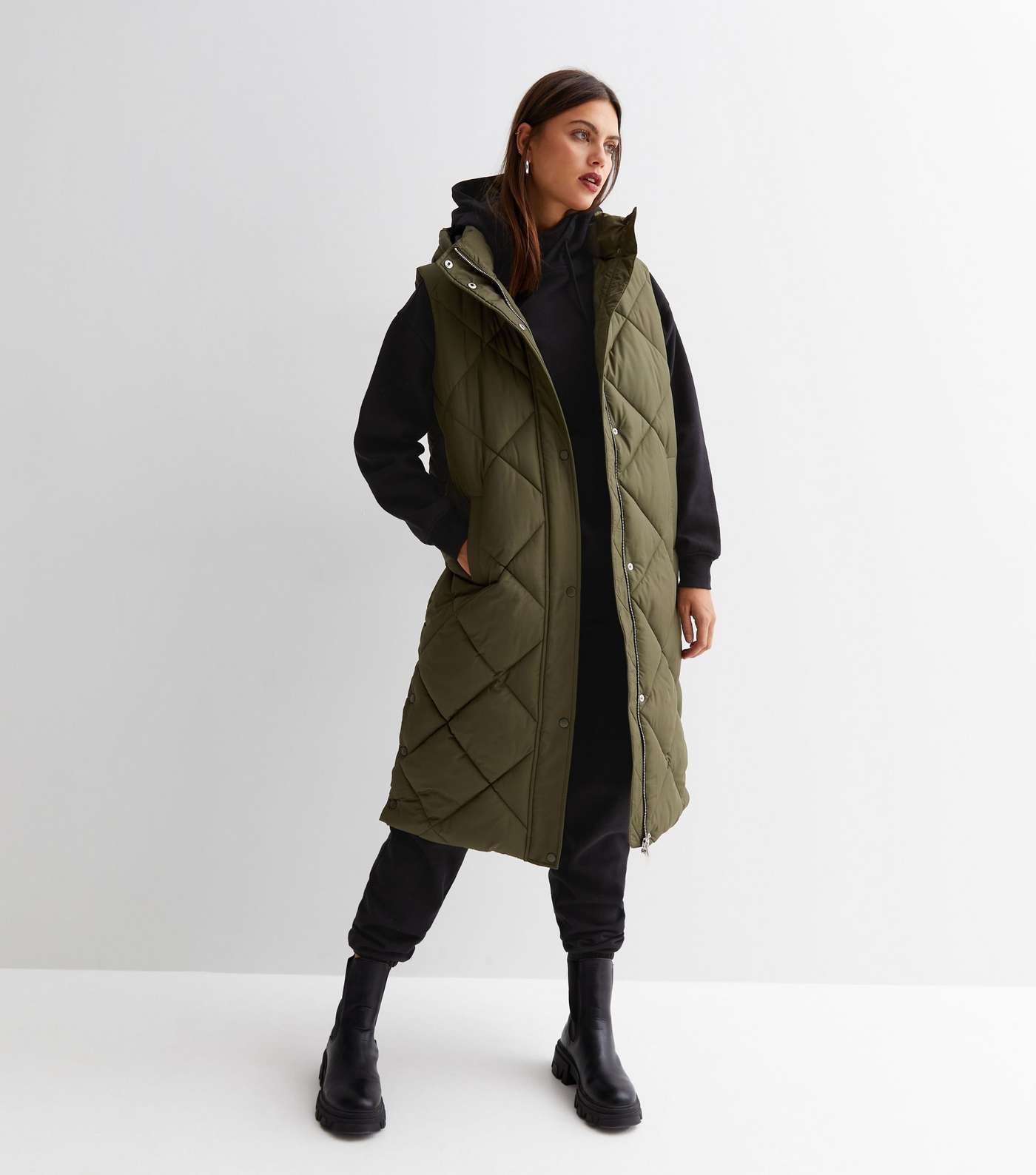 Khaki Diamond Quilted Long Hooded Puffer Gilet Image 3