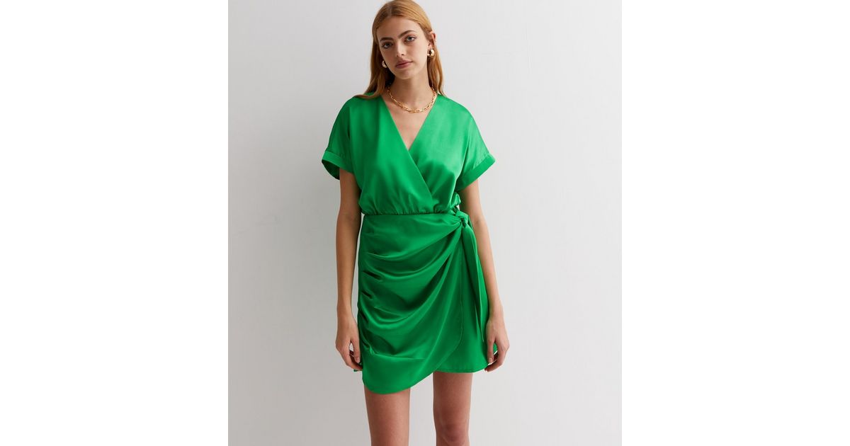 Cameo Rose Green Satin Mini Wrap Dress New Look Cameo Rose Green Satin Mini Wrap Dress New Look