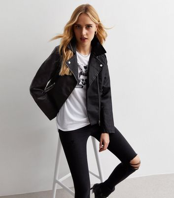 Black Leather-Look Quilted Biker Jacket