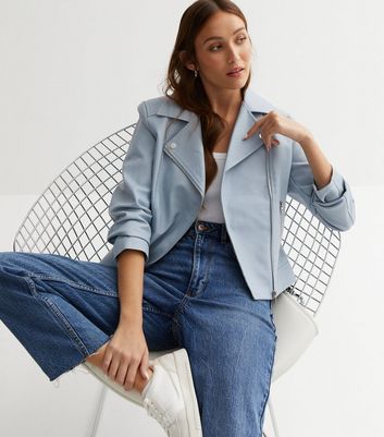 Pale Blue Leather-Look Quilted Biker Jacket