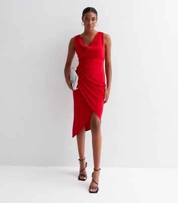 Red Cowl Neck Sleeveless Midi Dress