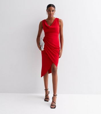 Red cowl neck 2025 midi dress