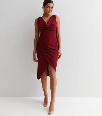 Burgundy Cowl Neck Sleeveless Midi Dress