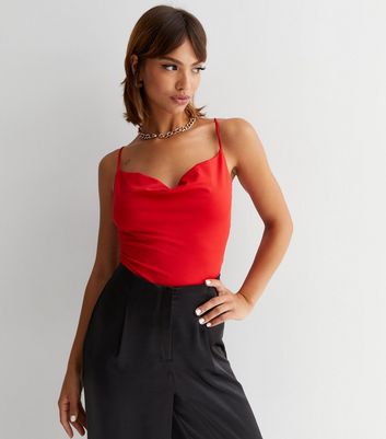 Red Slinky Strappy Cowl Neck Bodysuit