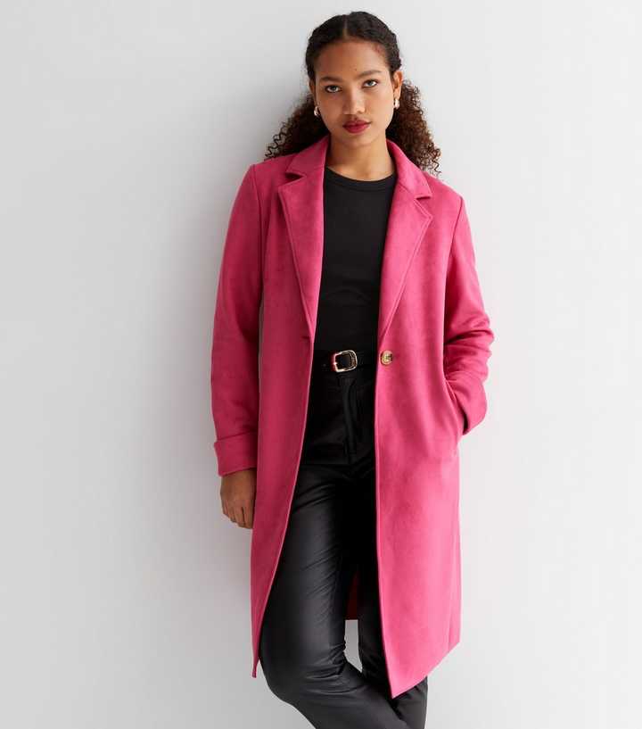 newlook.com | Deep Pink Luna Suedette Collared Long Sleeve Duster Coat