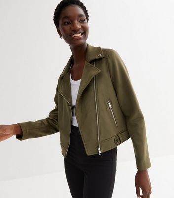 Khaki Suedette Biker Jacket New Look